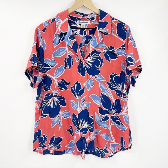 Tommy Bahama Oasis Petals Silk Button-Up Camp Shirt Large Orange Blue Resort - Picture 1 of 6